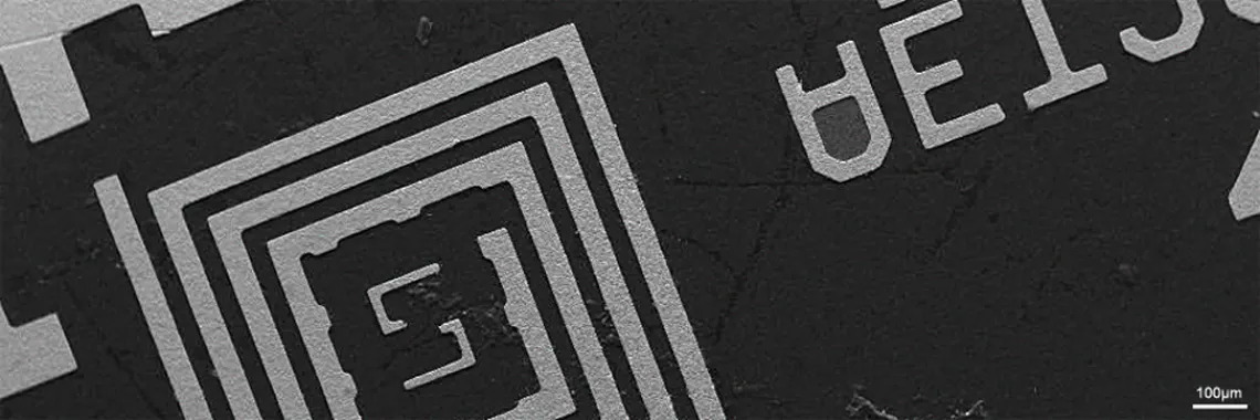 Scanning electron microscopy (SEM) image of a circuit board